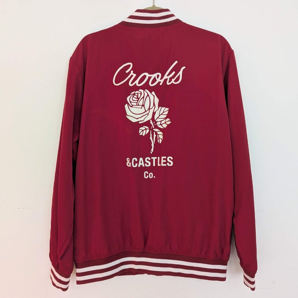Crooks and Castles Men Red Bomber Jacket Varsity Snap Up Size XL